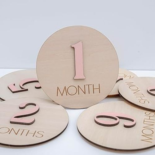 Baby Monthly Milestone, Wooden Baby Milestone Signs, Monthly Milestone Wood Discs, Baby Milestone Discs (3D Pink)
