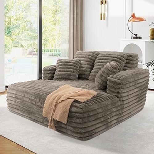 56" Oversized Chaise Lounge Chair Indoor,Plush Faux Fur Sleeper Sofa Couch Bed with Pillows&Wide Armrests,Fluffy Comfy Cloud Couch,Compression Foam Couch for Living Room,Bedroom(Brown)