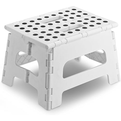 Handy Laundry Folding Lightweight Step Stool - Sturdy Enough to Support Adults and Safe Enough for Kids - Opens Easy with One Flip - Great for Kitchen, Bathroom or Bedroom (White - 8 Inch)