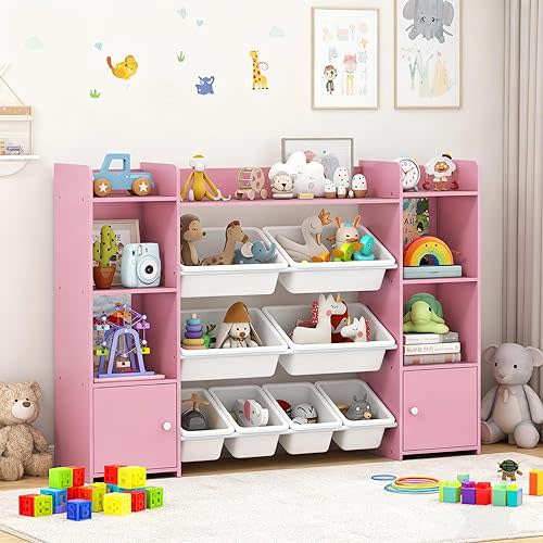Costzon 56'' Kids Toy Storage Organizer with 8 Removable Bins, 4-Tier Toddler Bookshelf Cubbies, Preschool Children's Montessori Bookshelf w/6 Large Cabinet for Playroom, Daycare, Kids Room, Classroom