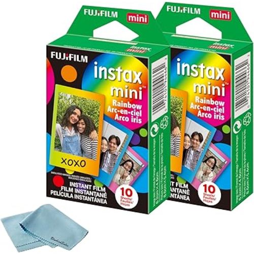 Fujifilm Instax Mini Instant Rainbow Film, 20 Sheets + BluebirdSales Microfiber Cleaning Cloth