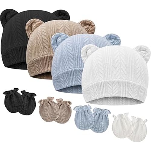 BQUBO Newborn Baby Hats Bear Ears and Mittens Sets Preemie Caps Baby Boy Girl Infant Hospital Beanie for 0-3 Months