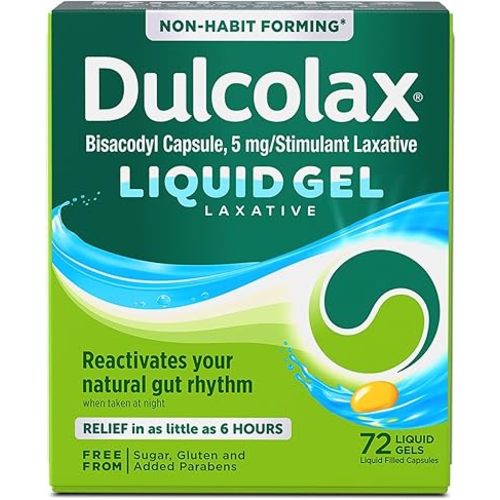 Dulcolax Stimulant Laxative Liquid Gels, Predictable & Effective Constipation Relief, Relieves Constipation Related Symptoms, Bisacodyl 5 mg, No Added Parabens, Gluten-Free & Sugar-Free, 72-Count