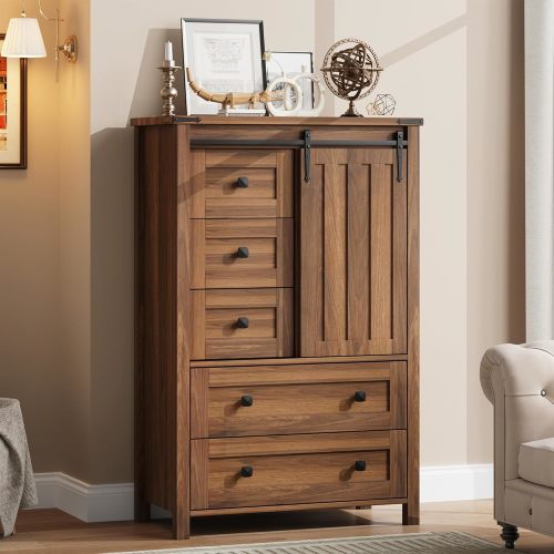 Garvee Farmhouse 5 Drawer Dresser for Bedroom 48in Tall Wood Dresser Chest of Drawer with Sliding Barn Door Adjustable Shelf Storage Organizer for Bedroom Hallway Living Room Kitchen Walnut