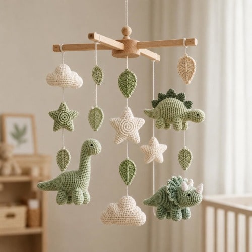 Crochet Dinosaur Baby Mobile, Custom Nursery Decor, Crocheted Dinosaur Baby Mobile, Handmade Dino Nursery Decor, Baby Shower Gift
