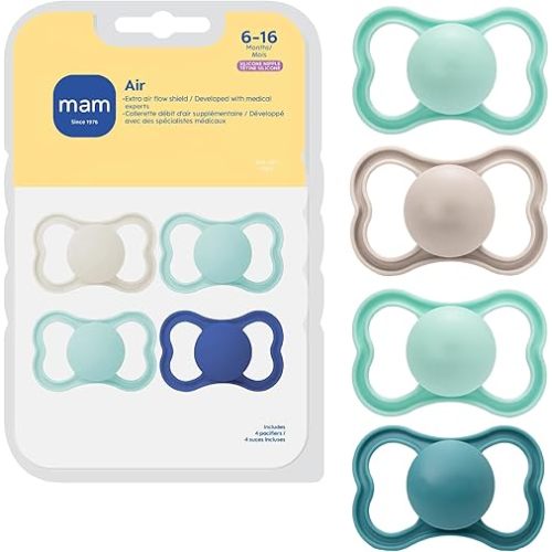 MAM Air Pacifier for Babies 6-16 Months, Extra Air Flow for Sensitive Skin, Developed with Medical Experts, BPA-Free Skin Soft Silicone, 4 Count, Made in Europe
