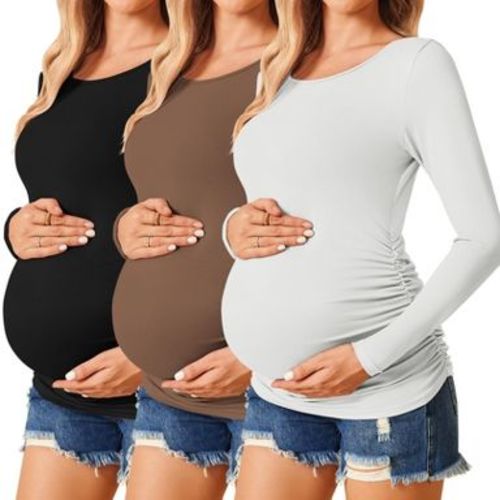 Ekouaer 3/4 Pack Womens Maternity Shirts Long Sleeve Pregnancy Tops 3Pcs Black / Brown / White L