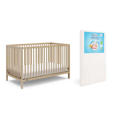 Graco Teddi 5-in-1 Convertible Crib and Premium Crib & Toddler Mattress Bundle, Driftwood