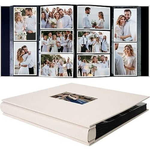 Vienrose Fabric Cover Photo Album 4x6 Pictures 600 Pockets Memory Book with Front Window for Wedding Baby Family, Beige