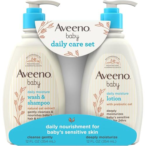 Aveeno Baby Daily Care Gift Set with Oat Extract & Prebiotic Oat, Contains Daily Moisturizing Body Lotion & Gentle 2-in-1 Baby Bath Wash & Shampoo, Hypoallergenic & Paraben-Free, Two Pack