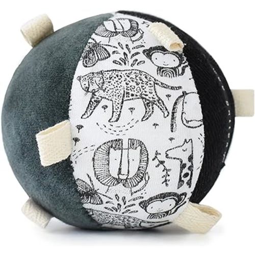 Wee Gallery Taggy Ball with Rattle, Soft Sensory Baby Toy, Sensory Ball with Organic Cotton Fabric, Little Tags & Gentle Rattle for Tummy Time, Grasping & Developmental Play, Wild