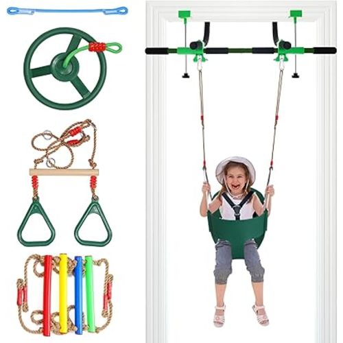 Doorway Swing mount for Kids & Door Pull Up Bar for Adults, Indoor Kid Swing with 4 Accessories, Multi-Function Doorway Gym, Fits Door Frame 24.41-30.51'' W x 3.94-6.69'' Thickness (Dark green)