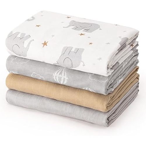 david's kids Muslin Swaddle Blankets, 4 Pack Organic Cotton Baby Blankets, Breathable Soft Receiving Blanket for Boys Girls, Newborn Essentials, Large 47 x 47 inches, Elephant