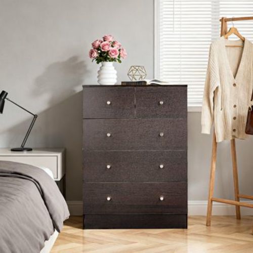 Resenkos 5 Drawer Dresser with Gold Handle, Nursery Dresser Chest Of Drawers Organizer, Brown