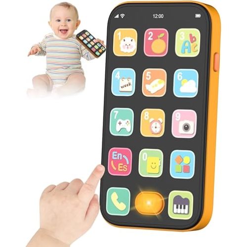KALUYA Bilingual Baby Phone Toy Phone for Toddler 1-3, Fun Early Learning Musical Baby Toys for 6-12 Months with Sounds and Light, English/Spanish, Gift for 1 Year Old Boys Girls Kids Infant, Orange