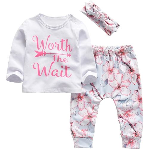 KuKitty 3Pcs Baby Girl Outfits Set Long Sleeve T-Shirt Tops Flowers Pants with Headband