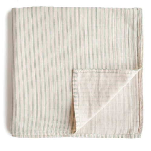 mushie Muslin Baby Swaddle Blanket | 100% Organic Cotton (Sage Stripe)