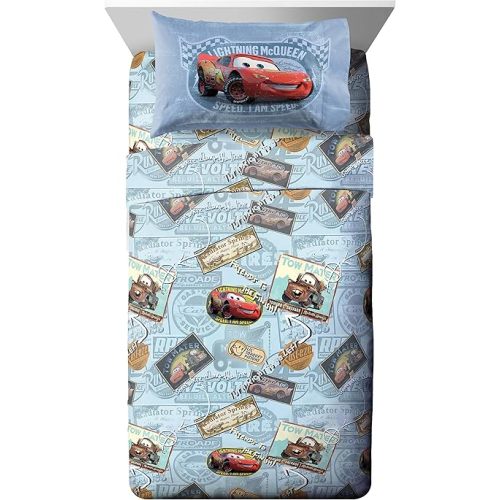 Jay Franco Disney Pixar Cars Lightning McQueen Twin Sheet Set - 3 Piece Kids Race Car Bedding, Super Soft Microfiber, Deep Pocket, Machine Washable, Fade Resistant, Blue (Official Disney Product)
