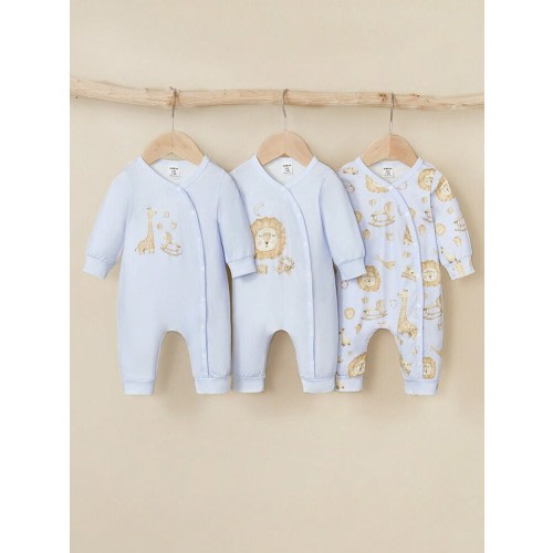 SHEIN 3pcs/Set Baby Boys Casual Cute Cartoon Animal Lion & Giraffe Print Long Sleeve Jumpsuit, Autumn | SHEIN USA