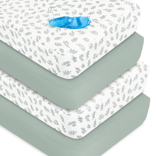 Biloban 4-Pack Crib Sheets Waterproof for Boys Girls 52x28x8in(Green+Leaf) | Fitted Crib Sheet for Standard Crib and Toddler Mattress Protector, Super Soft Microfiber Baby Bed Sheet