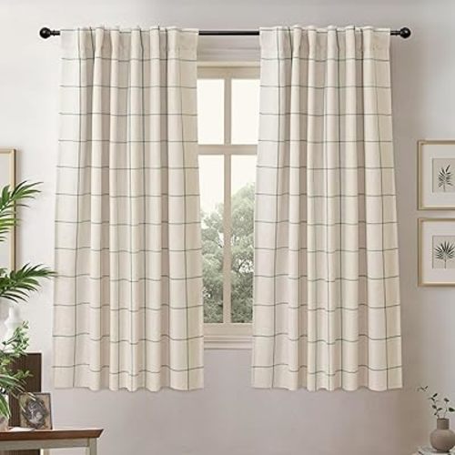 DriftAway 100% Blackout Windowpane Plaid Linen Curtains Double Layer Farmhouse Drapes 63 Inches Long for Living Room Bedroom Yarn Dyed Woven Thermal Insulated Rod Pocket Back Tab 2 Panels Loden Green