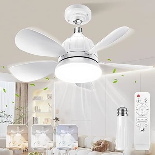Socket Fan Light with Remote: 18'' Small Ceiling Fans with Lights, 2000 Lumens Dimmable Led Bulb, 3 Colors 3000K-6500K, Easy Install Screw in E26 Base for Bedroom Living Room Kitchen Garage