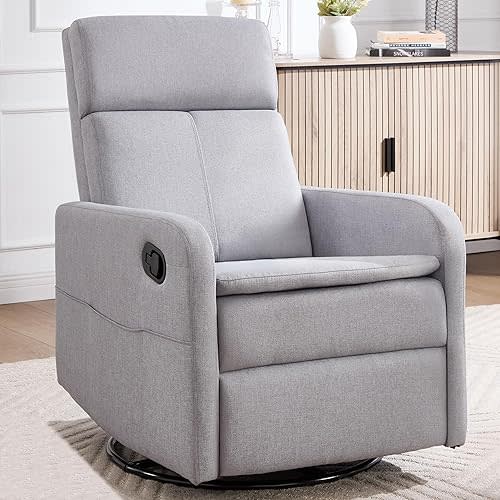 Swivel Rocking Recliner Chair for Adults, Rocker Nursery Glider Chair for Living Room Bedroom, Upholstered Fabric Reclining Single Sofa Chair(Light Grey)