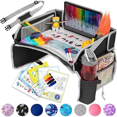 PILLANI Kids Travel Tray for Car - Car Seat Tray with Activity Sheets & Pens, Road Trip Essentials for Car & Airplane, Must Have Toddler Travel Lap Desk Accessories - Road Trip Activities for Kids