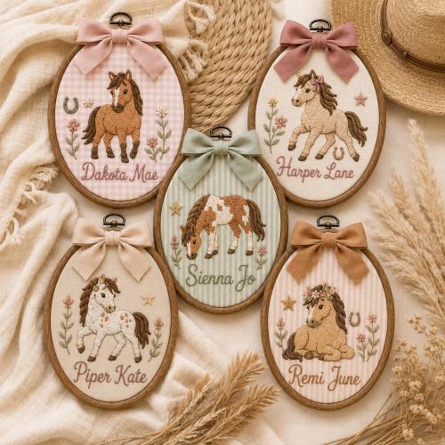 Personalized Horse Embroidery Hoop, Custom Girl Name Wall Art, Cowgirl Birthday Gift, Western Horse Nursery Decor