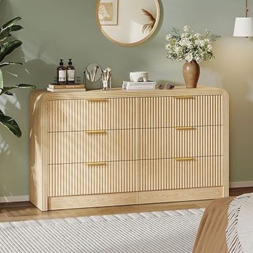 Fluted 6 Drawers Dresser for Bedroom,55'' Wide Wood Dressers with Gold Handles, Modern Dressers with Wave Texture, Large Storage Chest of Drawers, Bedroom Dresser Organizer (Natural Oak)