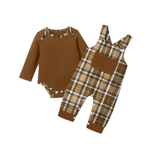 BAVADER Baby Boy Clothes Long Sleeve Animal Plaid Romper + Overalls Infant Boy Clothes 2PCS Fall Winter Outfits