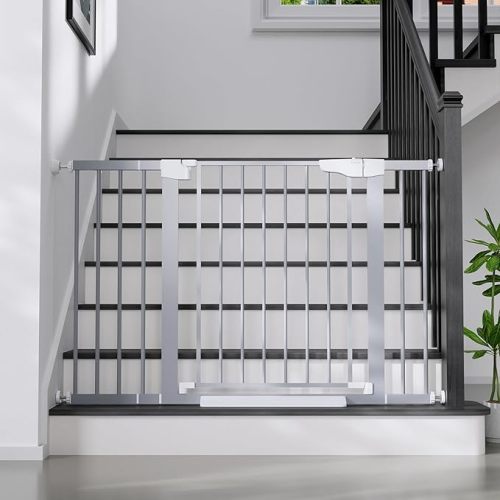 Cumbor 29.7-48" Baby Gate for Stairs, Mom's Choice Awards Winner-Dog Gates for Doorways, Auto Close Safety Pet Gate for Dogs Indoor, Easy Install Pressure Mounted Child Gate with Walk Thru Door, Gray