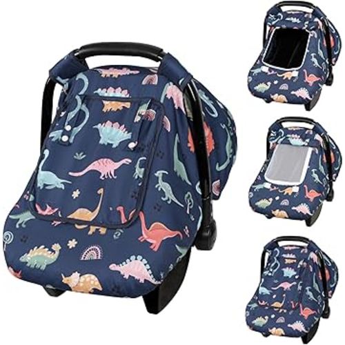 Car Seat Cover Baby, Anti-Kick Carseat Covers Baby Boy, Warm Minky Infant Car Seat Canopy with Breathable Mesh Window, Multi-Use Cover Protecting Baby from Wind, Sun, Strangers, Blue Dinosaur