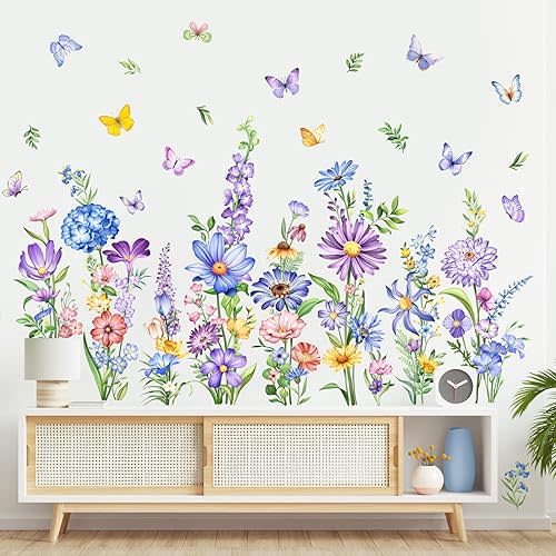 Tanlaby Wildflower Wall Decals Daisy Grass Butterflies Flower Wall Stickers Floral Botanical Wall Art Decor for Baby Nursery Girl Bedroom Living Room Sofa