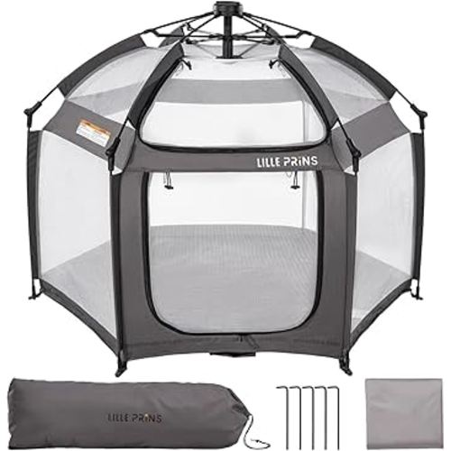LILLEPRINS EasyPop Outdoor Playpen with Canopy for Babies, 1 Second Baby Pop up Tent, Beach Tent, Travel Playpen for Baby with Travel Bag, UPF50+ Cover, Mosquito Net (Grey)