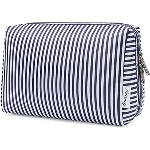 Narwey Cute Makeup Bag Travel Cosmetic Bag Organizer Toiletry Bag Make Up Bags with Compartments for Women Girls (Large, Blue Stripe)