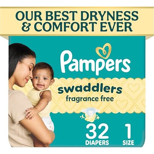 Pampers Swaddlers Diapers, Size 1 (8-14 lbs), 32 Count, Fragrance Free, Hypoallergenic, Absorbent, Pediatrician Recommended, Skin Safe