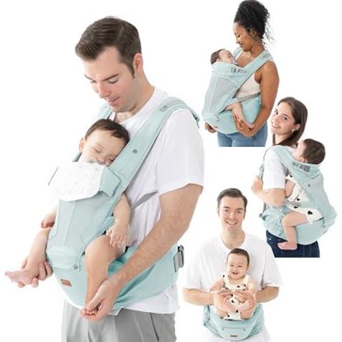 BabbleRoo 6-in-1 Baby Carrier with Hip Seat, Ergonomic Newborn to Toddler Carrier 7–50 lbs, Front Back Hip Carry, Lumbar Support, Sun Hood, Safety-Certified, Seafoam