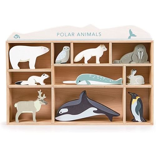Tender Leaf Toys - Polar Animals - 10 Solid Wood Polar Animals with Shelving Unit - Made for Little Hands, Improve Hand-Eye Coordination for Boys and Girls - Age 3+