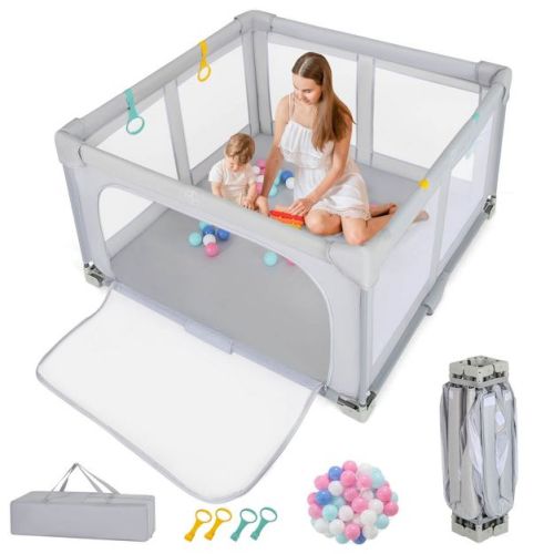 Infans Large Baby Playpen 50" x 50" with Zipper Gate 50 Ocean Balls and 4 Pull-up Rings