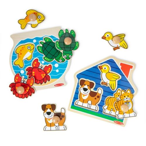 Melissa & Doug Animals Jumbo Knob Wooden Puzzles Set - Fish and Pets 6pc: Educational Toys for Fine Motor Skills