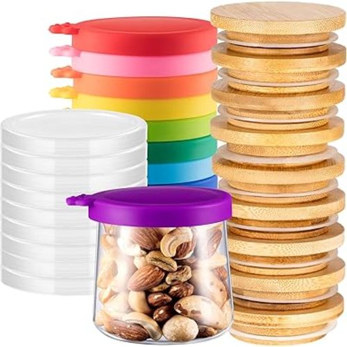 Mumufy 27 Pcs Yogurt Jar Lids Clear Plastic Silicone Bamboo Wood Container Lids with Silicone Sealing Rings Reusable Replacement Covers Compatible with Oui Yogurt Jars