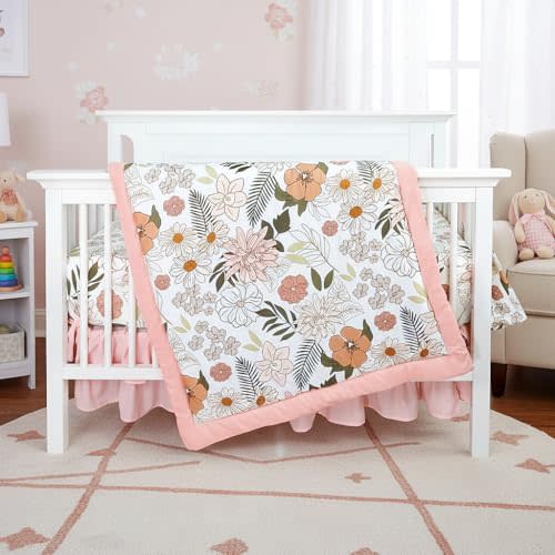 HNHUAMING 4-Piece Crib Bedding Set for Girls, Pink Baby Girl Bedding Set with Super Soft Crib Skirt, Reversible Baby Quilt, Crib Sheet and Diaper Stacker, Daisy Flower