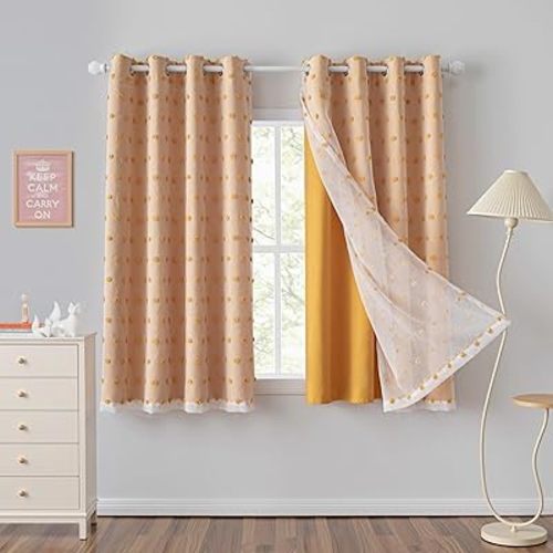 MYSKY HOME Double Layer Curtains for Kids Room Yellow Pom Pom Sheer Curtain 63 Inches Long Nursery Blackout Curtains Thermal Insulated Room Darkening Short Kitchen Drapes Grommet, 52 x 63 In, 2 Panels