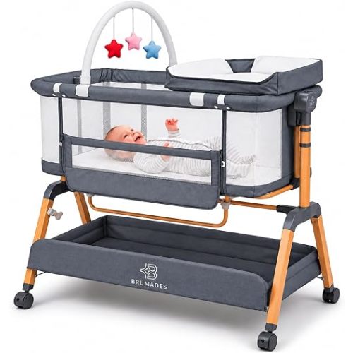 Baby Bassinet Bedside Sleeper, 4-in-1 Rocking Bassinet with Wheels, Gray