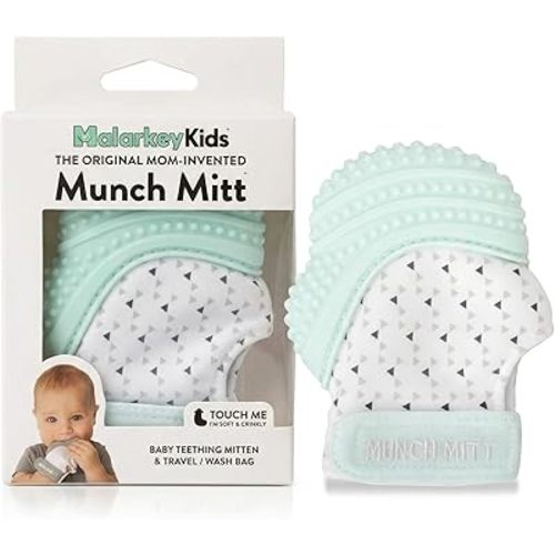 Munch Mitt Patented Teething Mitten Baby Chew Toy - Protects Hands from Chewing & Saliva, Heals Aching Gums, Promotes Sound & Visual Stimulation for Babies - Mint Green Triangles