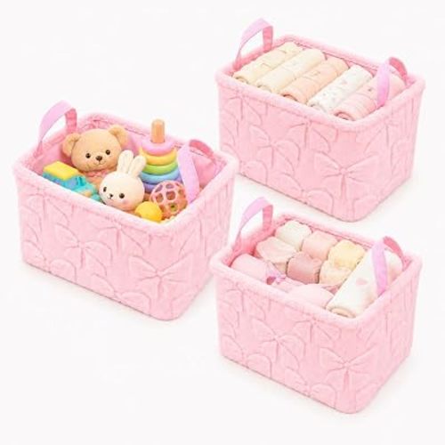 3 Pack Pink Bow Storage Baskets, Foldable Faux Fur Fabric Bins with Handles