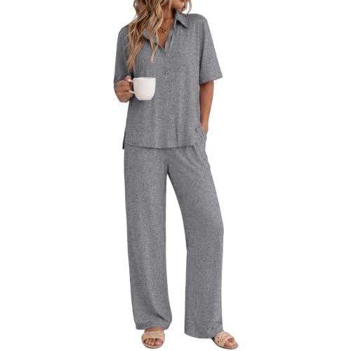 Ekouaer Pajamas for Women Set Button Up Short Sleeve Pjs with Long Pants