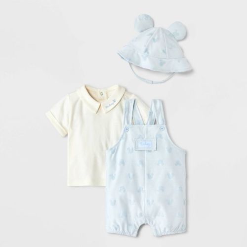 Baby Boys' 3pc Disney Mickey Mouse Shirt & Shorts Overalls Set with Hat - Blue 6-9M