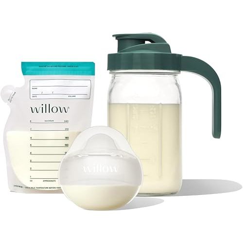 Willow - Glass Breastmilk Pitcher, Passive Manual Breast Pump & 8oz Breast Milk Storage Bags Bundle